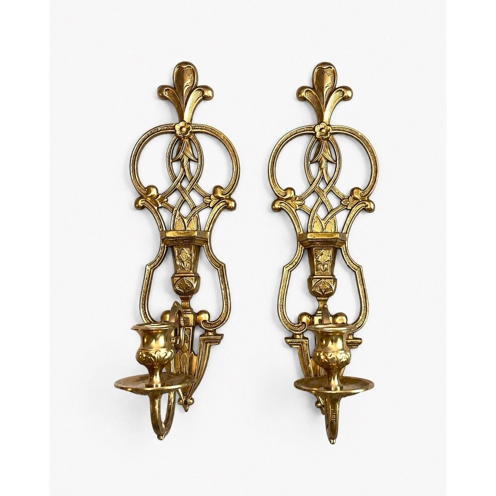 Vintage Pair of Solid Brass Art Style Fleur de lis Wall Candle Sconces 15 1/2"